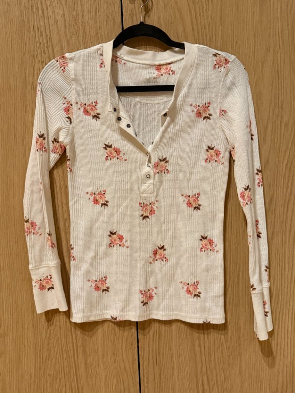 Aerie Women's Waffle Long Sleeve Tee - White & Floral - Size Small